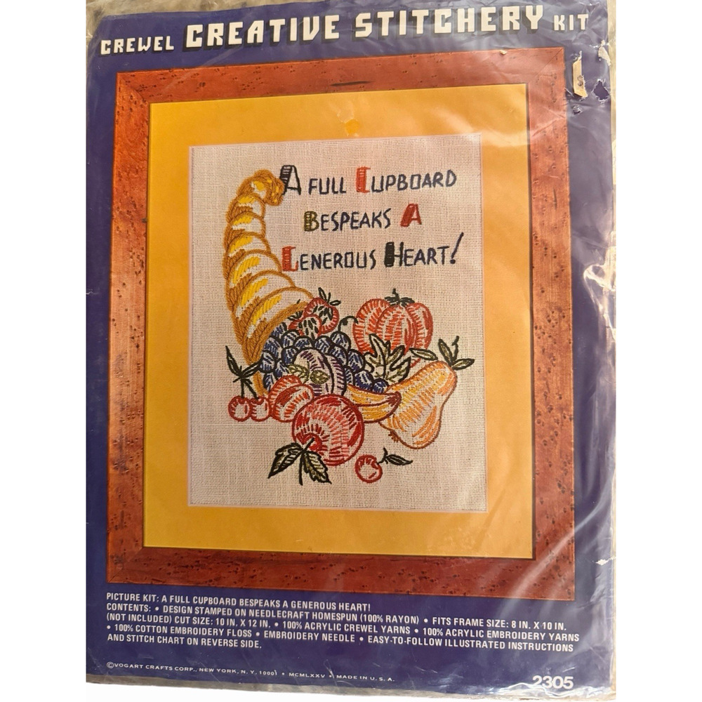 VTG. Vogart Crewel Kit‎ 2305 Thanksgiving Cornucopia Horn Of Plenty Fruits NEW